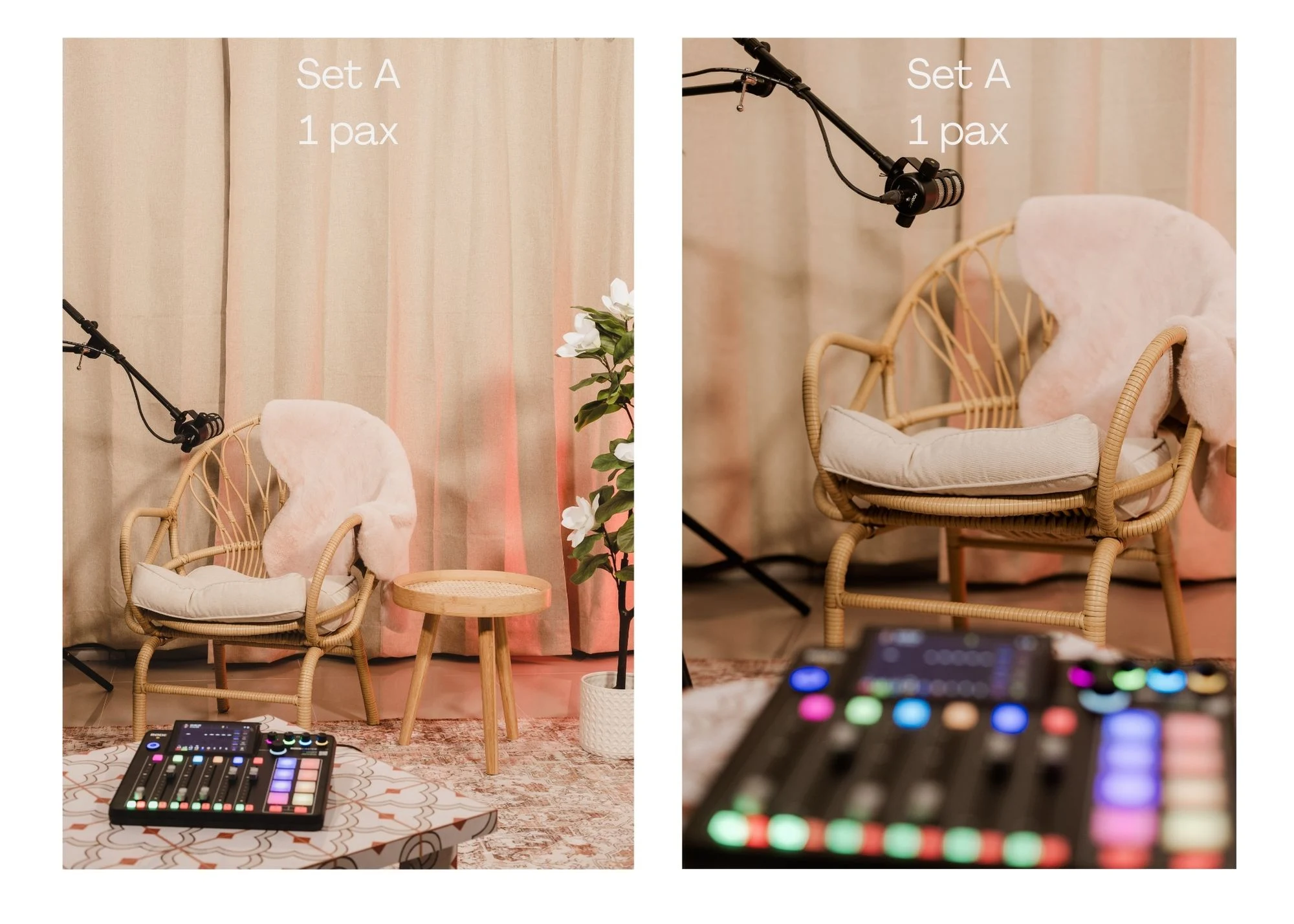 Warm wicker aesthetic podcast studio setup in Chiang Mai ideal for talking head videos